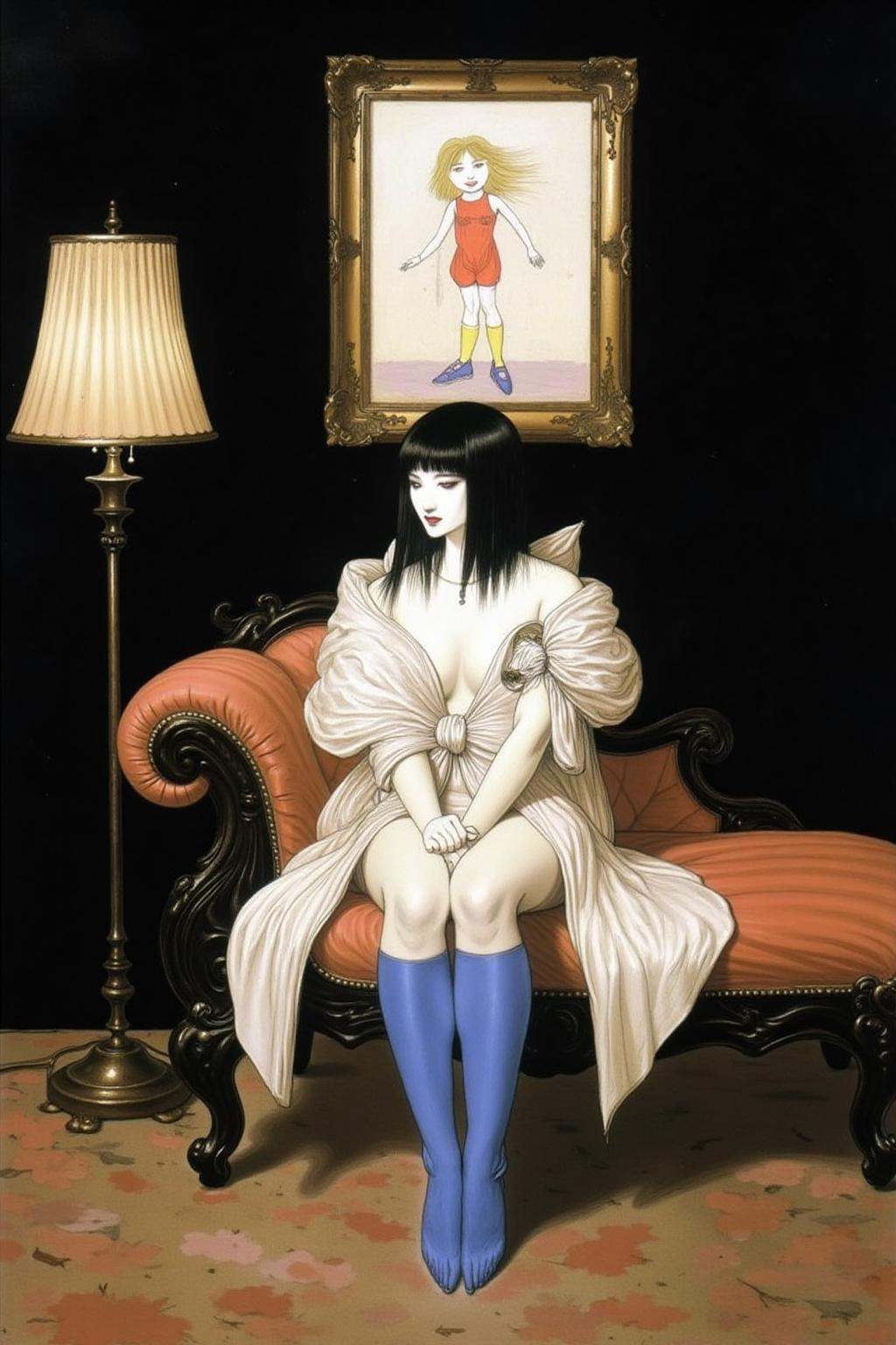 amayo illustration.This is a high-resolution classical painting featuring a woman seated on an antique,  dark wooden chais...