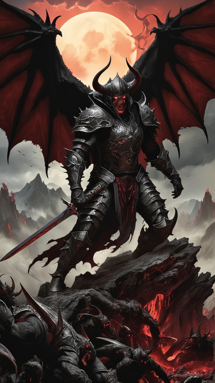 demonic plate armor,  rendered in Frazetta's iconic heroic style. The figure dominates the composition,  massive black win...