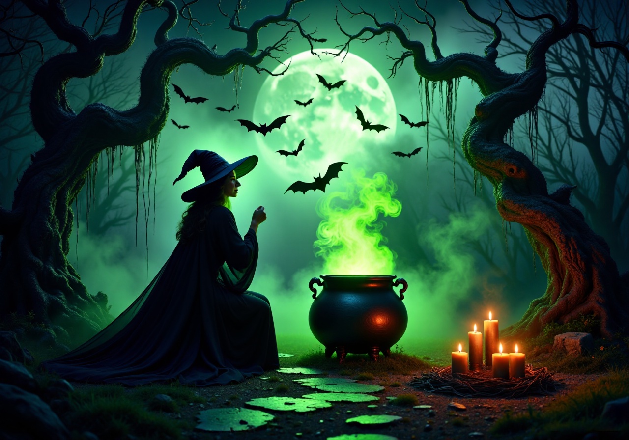 A witch’s enchanted forest: Gnarled trees twist toward the sky,  their branches draped with glowing cobwebs. In the cleari...