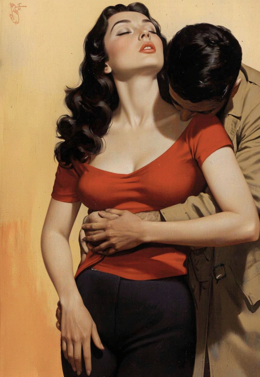 RobGin style. A vintage pin-up illustration from the 1950s featuring a sensual scene of a woman in a red off-the-shoulder...