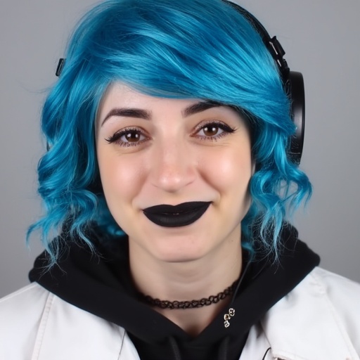 a woman with blue hair and a black lip and a black mouth ring and a white jacket with a black hood on Tensor.Art