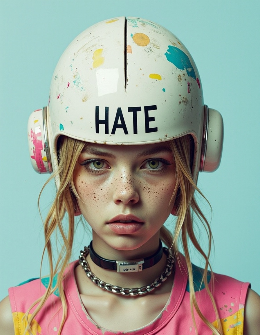 Studio_Punkji,  The image is a digital portrait of a young woman with a futuristic and edgy look. She is wearing a white h...