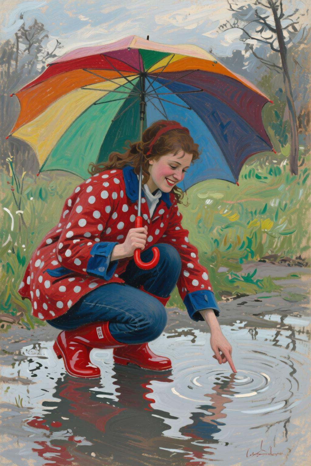 claudemonet2q painting. A young woman,  angled from slightly above and to the right,  crouching low to the ground in a pud...