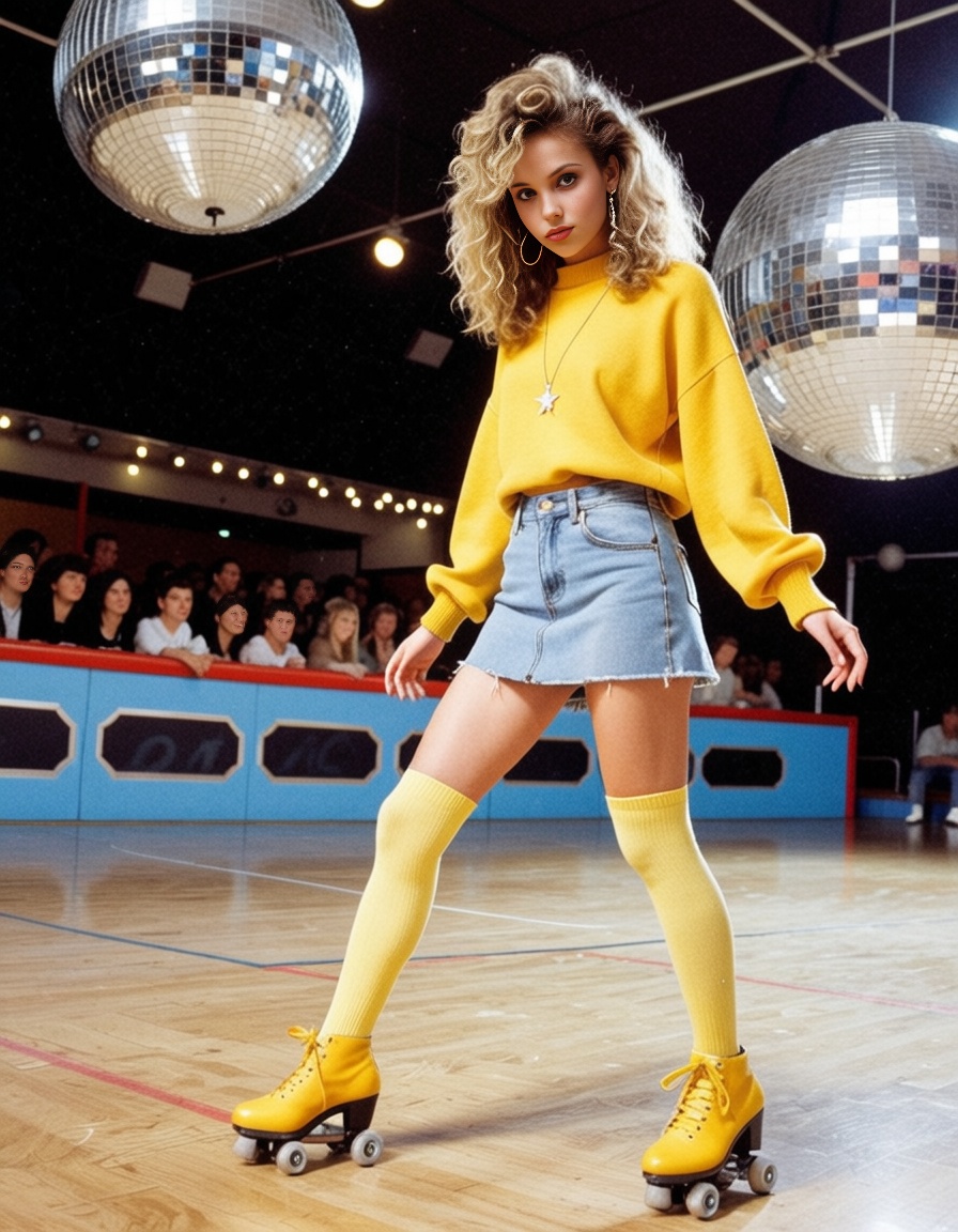 lazypos,  80s style of young woman A retro roller skating rink with a glittering disco ball overhead,  where skaters glide...