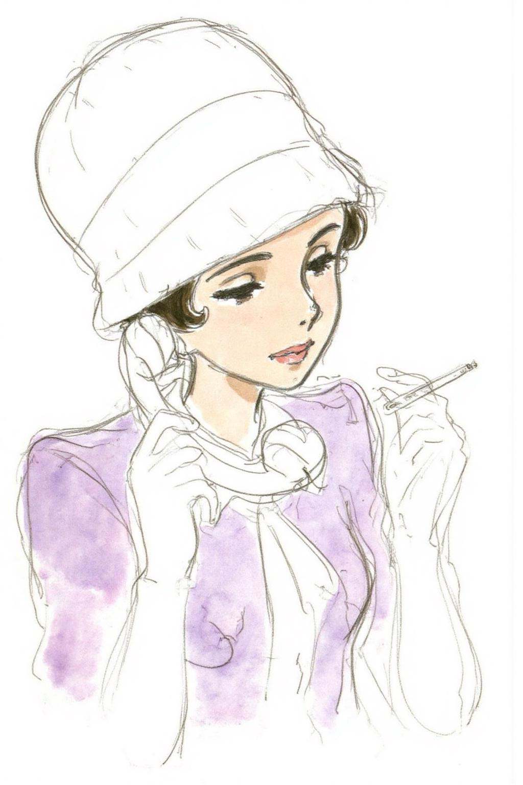hayaomiyazaki2 illustration.A woman wearing a hat and holding a cigarette in one hand and a telephone receiver in the othe...