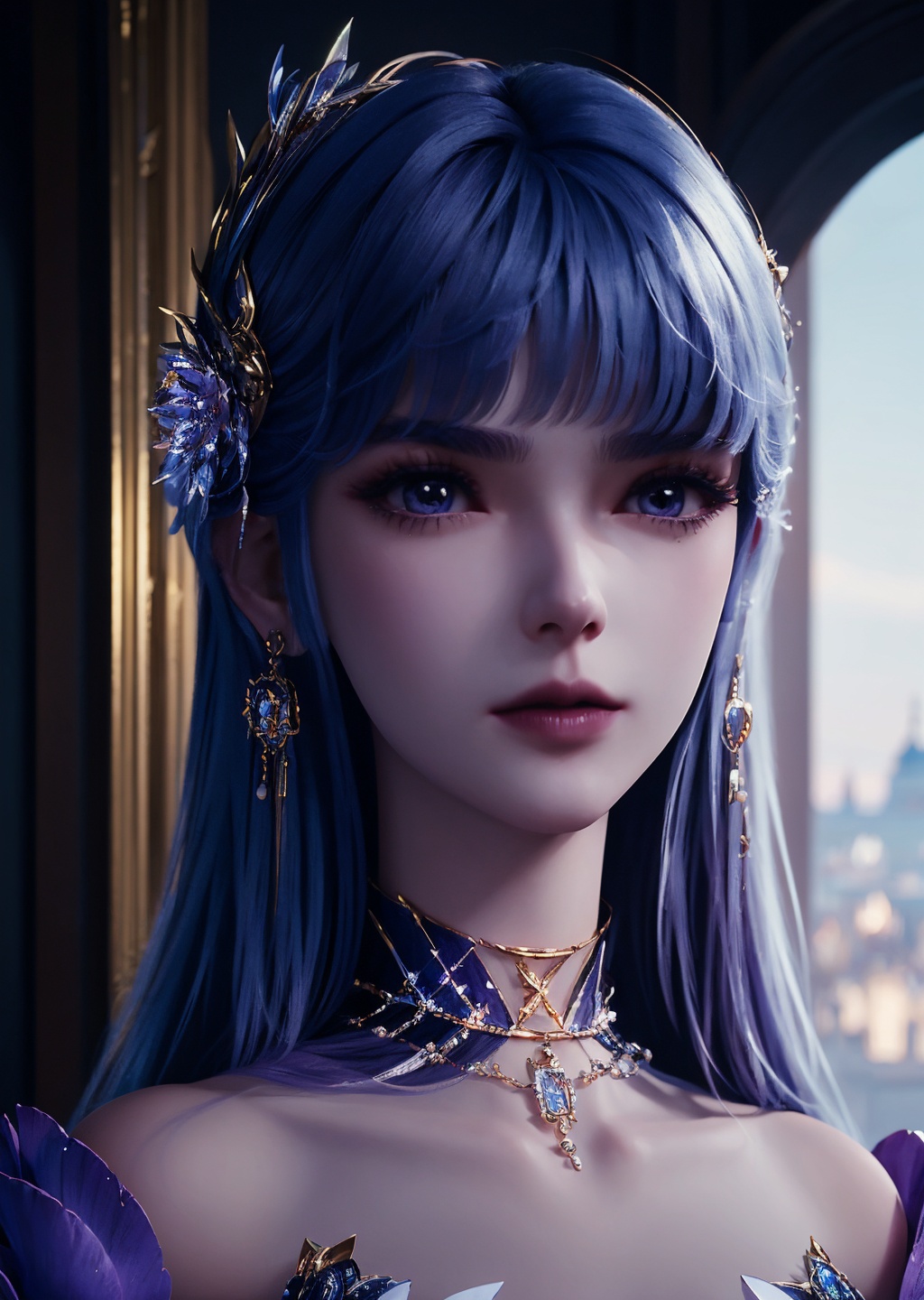 1girl,solo,blue long hair,purple eyes,makeup,lipstick,closed mouth,earrings,hair ornament,choker,dress,looking at viewer,indoors,former splendour palace,portrait,depth of field,ray tracing,Highly detailed,(ultra-detailed),(best quality:1.5,masterpiece:1.5),<lora:caier:0.95>,<lora:qingcheng:0.4>,