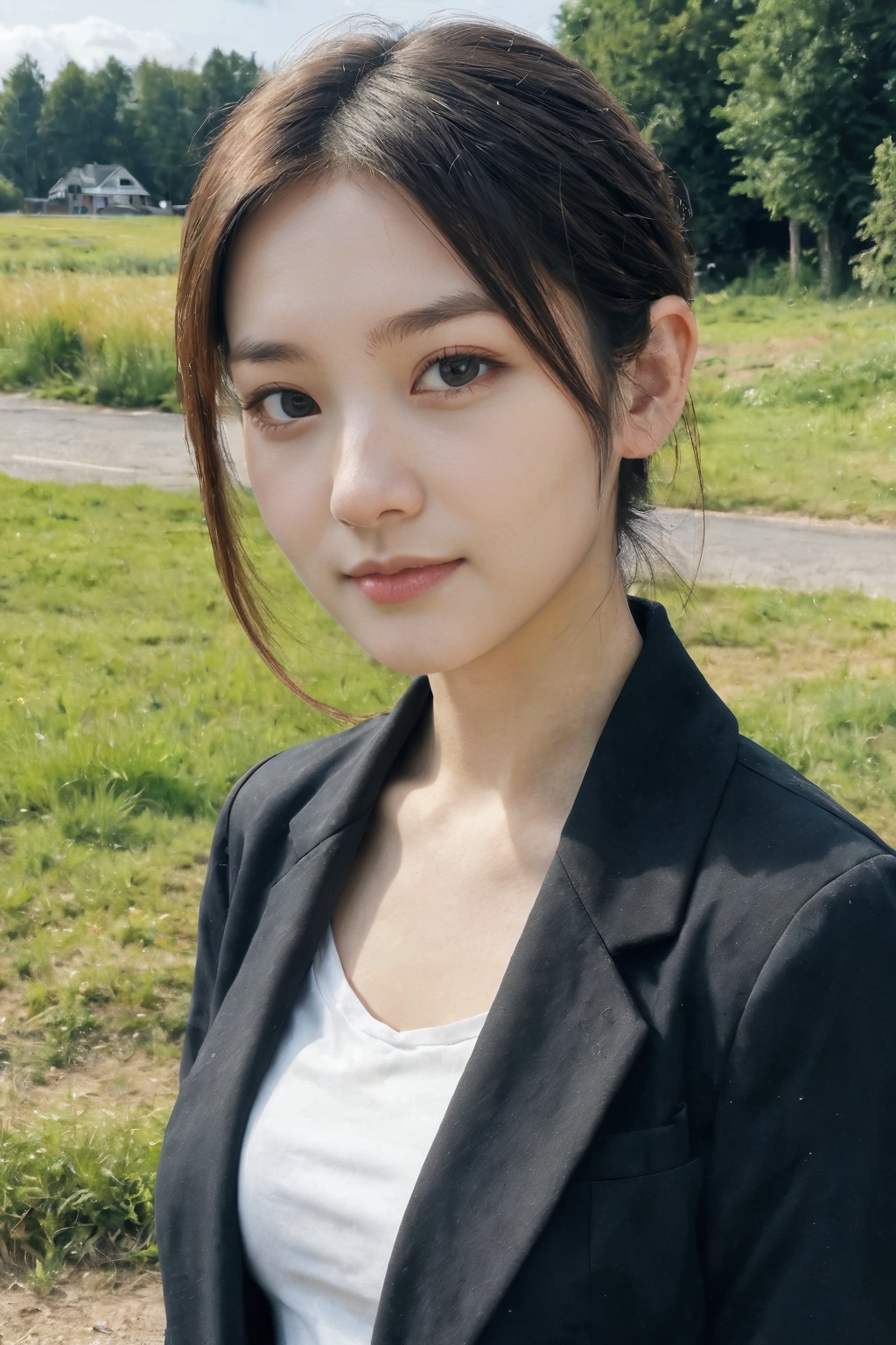 1girl, solo, looking at viewer, realistic, outdoors