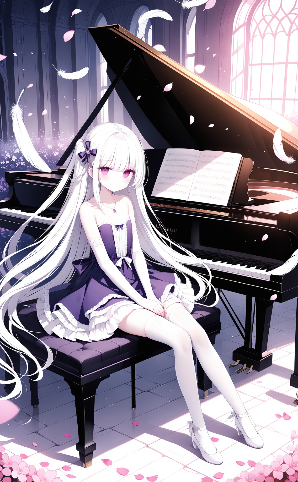 dark theme,lens flare,highres,(((loli))),(petite:1.2),(cute:1.2),((masterpiece)),(((best quality))),((ultra-detailed)),((illustration)),Depth of field,(colorful),[Artist iumu],[Artist Sheya],[Artist chen bin],solo,1girl,pink eyes,white hair,flat_chest,bare_shoulder,very long hair,looking at viewer,sidelocks,hair spread out,(full_body),thighhighs,white thighhighs,hair ornament,strapless dress,closed_mouth,white shoes,sitting,(evening gown),jewelry,earrings,frills,elbow gloves,necklace,petals,strapless,frilled dress,elbow gloves,purple dress,dress music,playing instrument,grand piano,piano,instrument,feathers,dream,scenery,ruin,bird,grace,