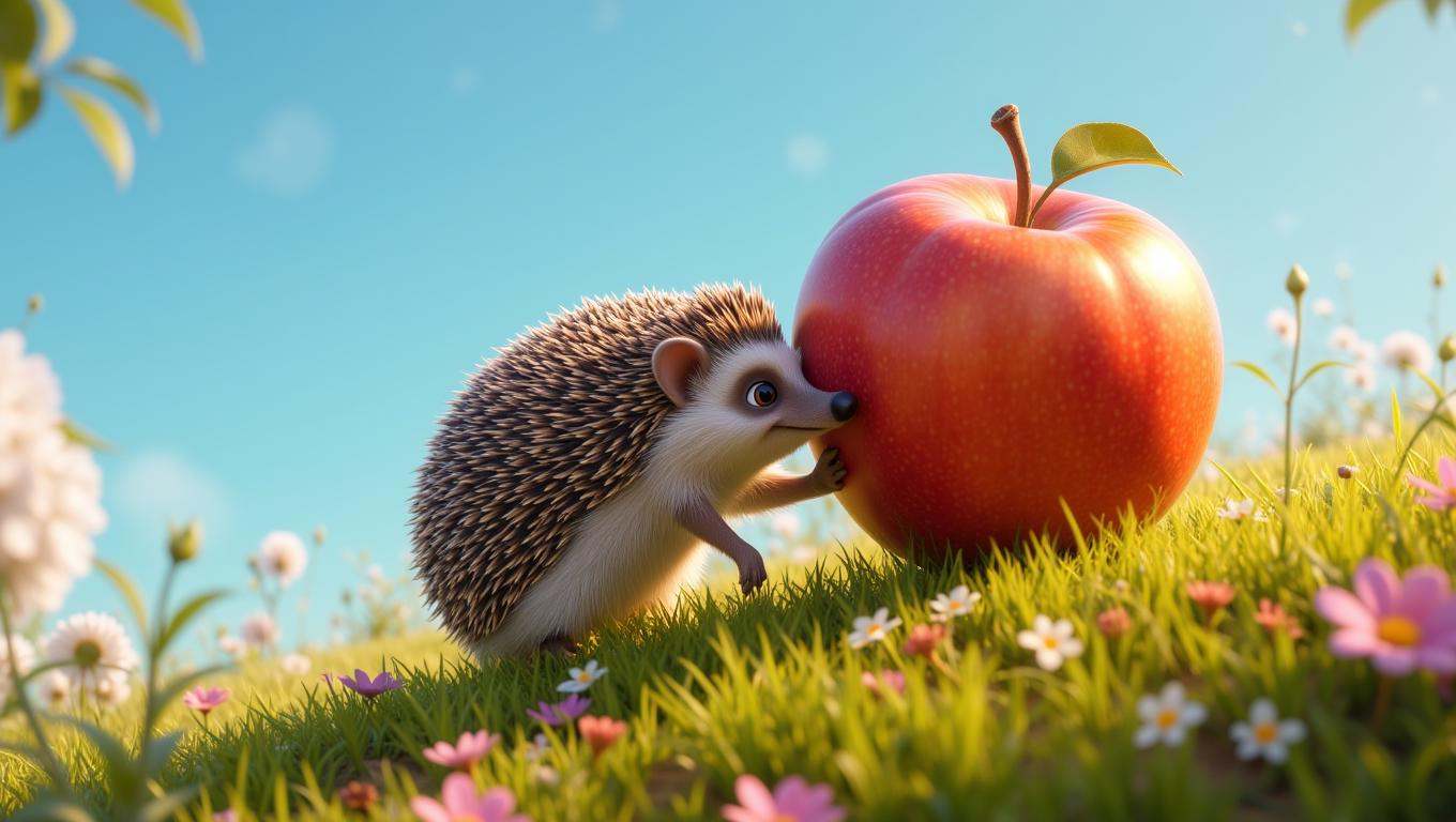 A cute hedgehog is carefully pushing a large apple up a hill,  its little legs straining with the effort. The apple is alm...
