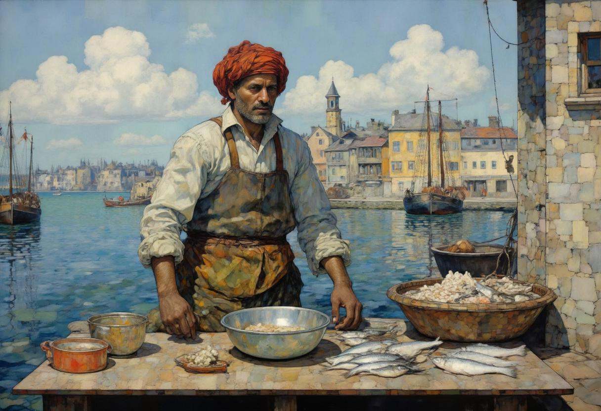 A digital painting with a vibrant,  impressionistic style. It depicts a fisherman sells fish on a sunny day. on Tensor.Art