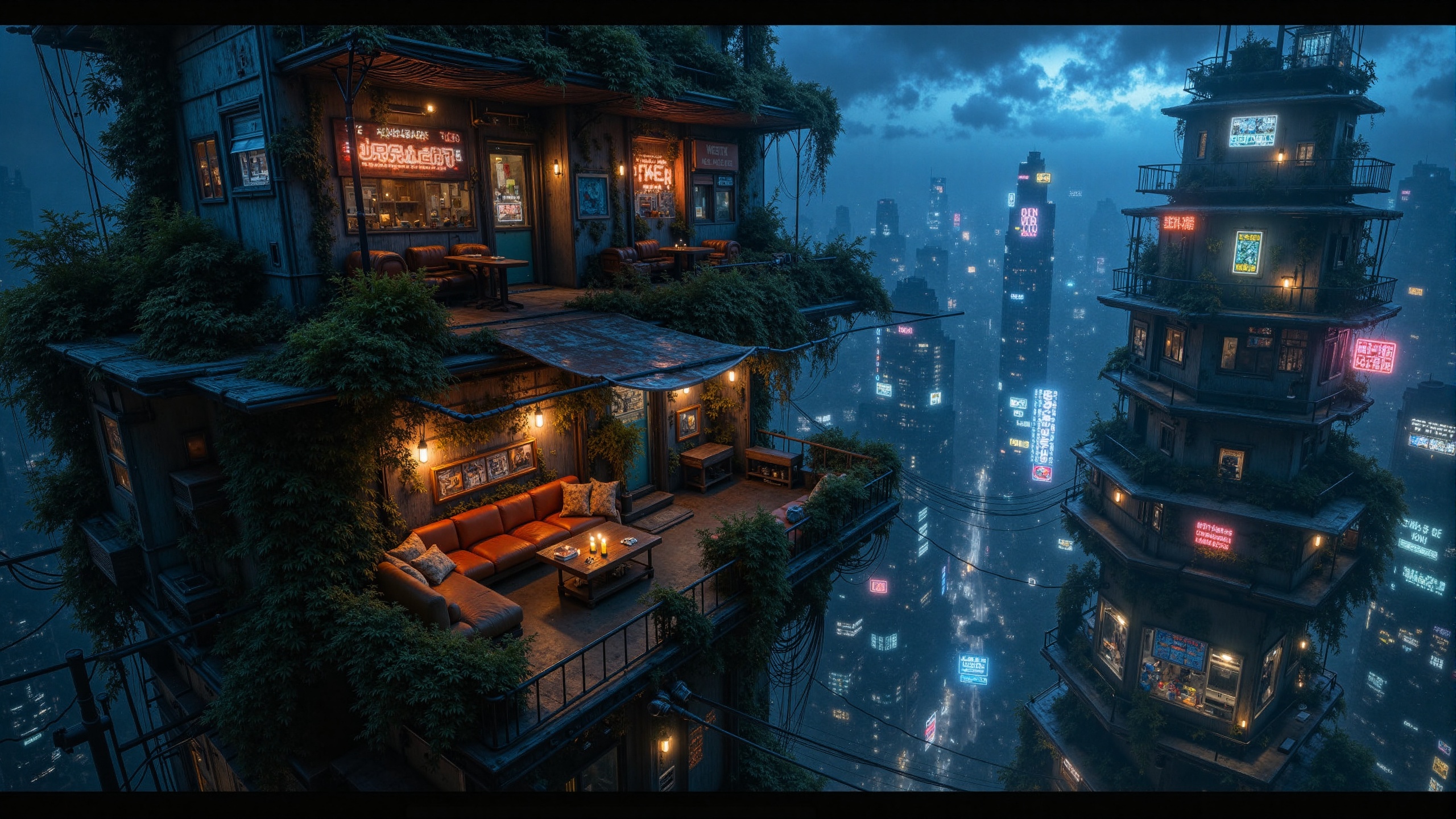 The image shows a futuristic city at night with a lot of buildings,  trees,  plants on Tensor.Art