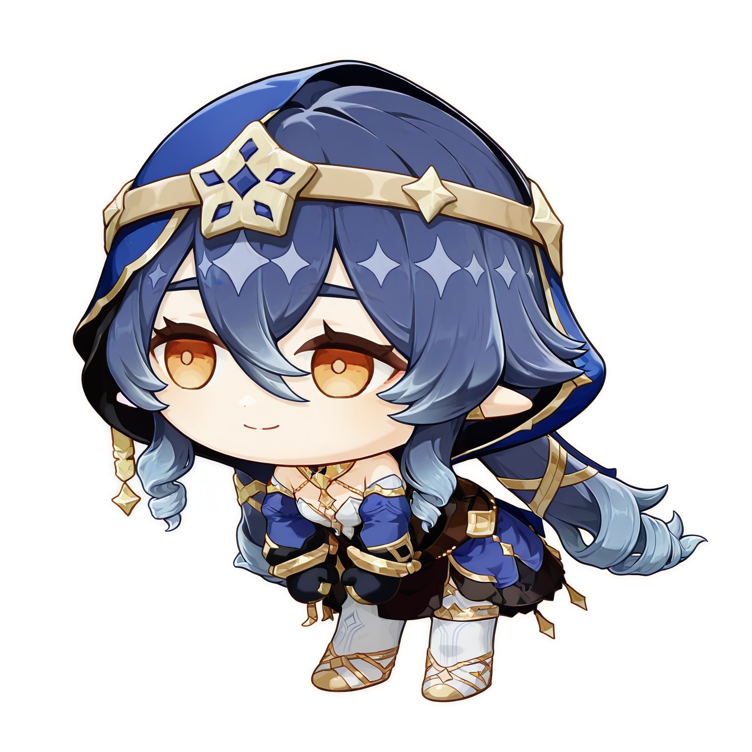 <lora:Brain Rot v0.9_noob:1.2>,solo,smile,1girl,full body,closed mouth,standing,leaning forward,white_background,looking_away,Layla \(genshin impact\),chibi,
