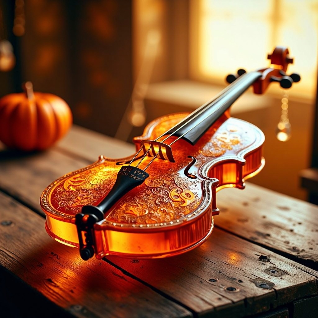HalloweenGlowStyle Ancient Amber themed A beautifully crafted,  fragile glass violin with intricate engravings,  sitting o...