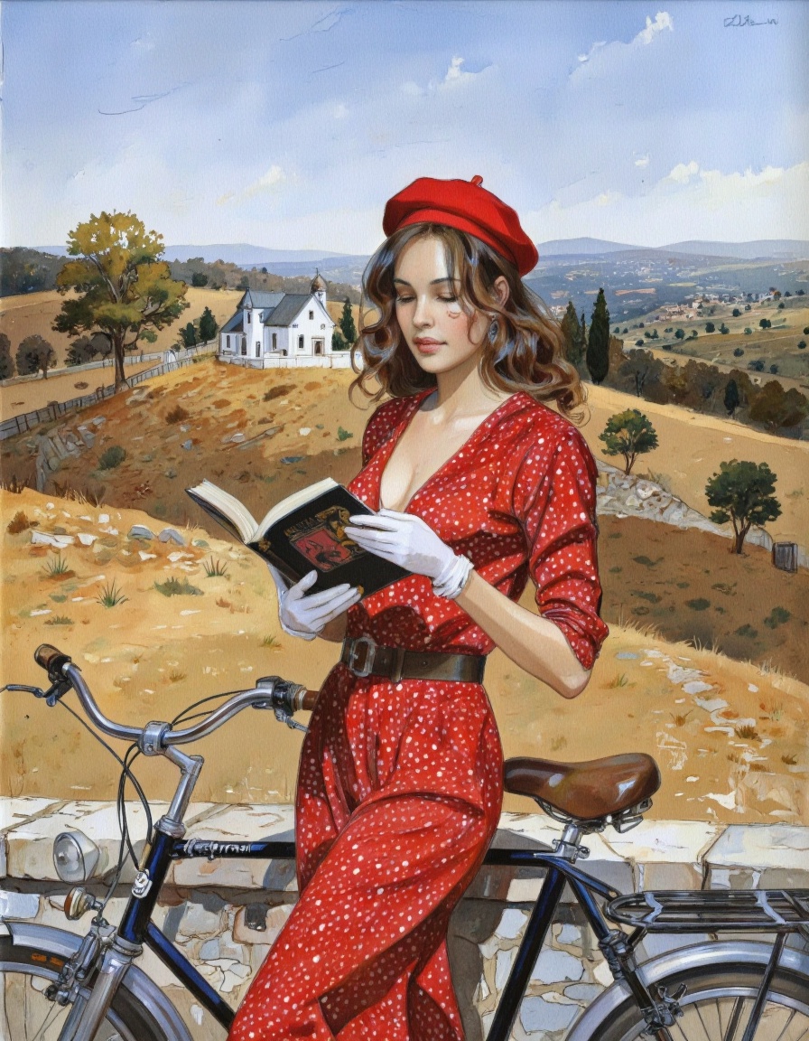 By Jean-Pierre Gibrat. A beautiful woman in a red polka dot dress and white gloves,  standing on a stone wall next to a bi...