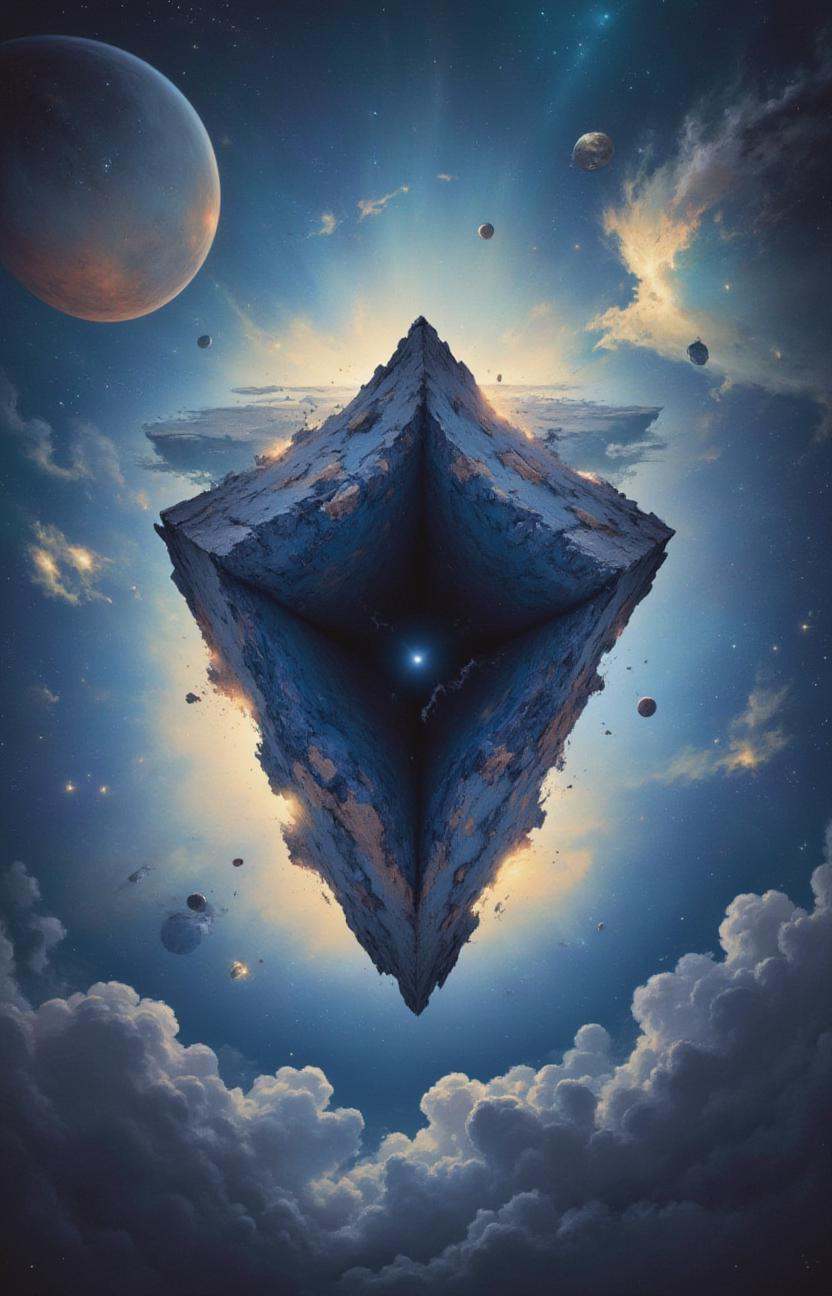 a mysterious hole shaped object in the sky with extremely detailed clouds and planets in the background,  fantasy,  space...