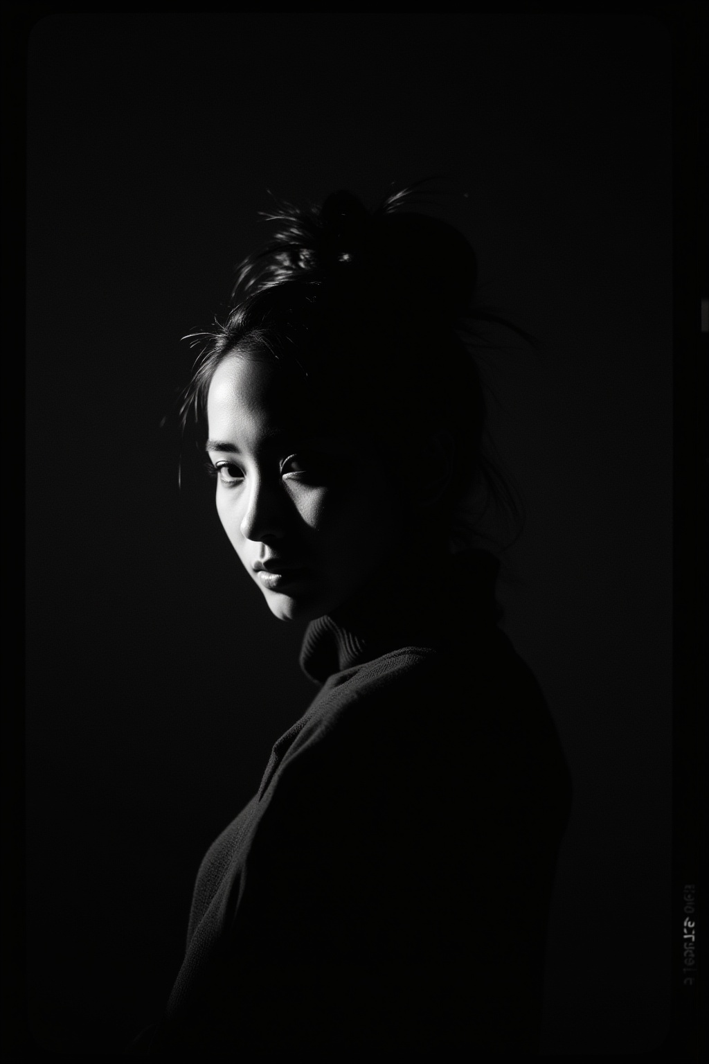 film grain,1girl,spotlight,silhouette,parted lips,looking at viewer,monochrome,portrait,deatailed beautiful face,hair bun,simple background,dark background,light master,film grain,
