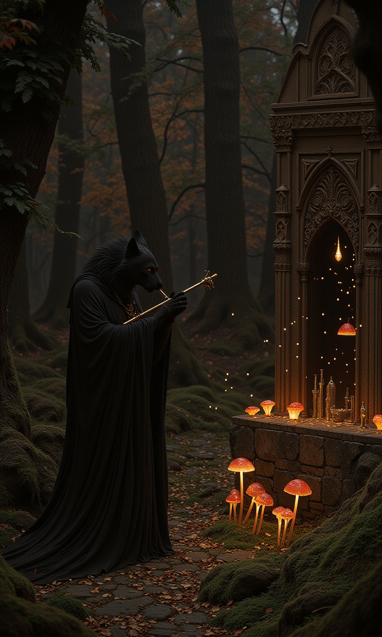 A werewolf plays his flute at dusk in a dense autumn forest,  surrounded by glowing mushrooms and floating fireflies on th...
