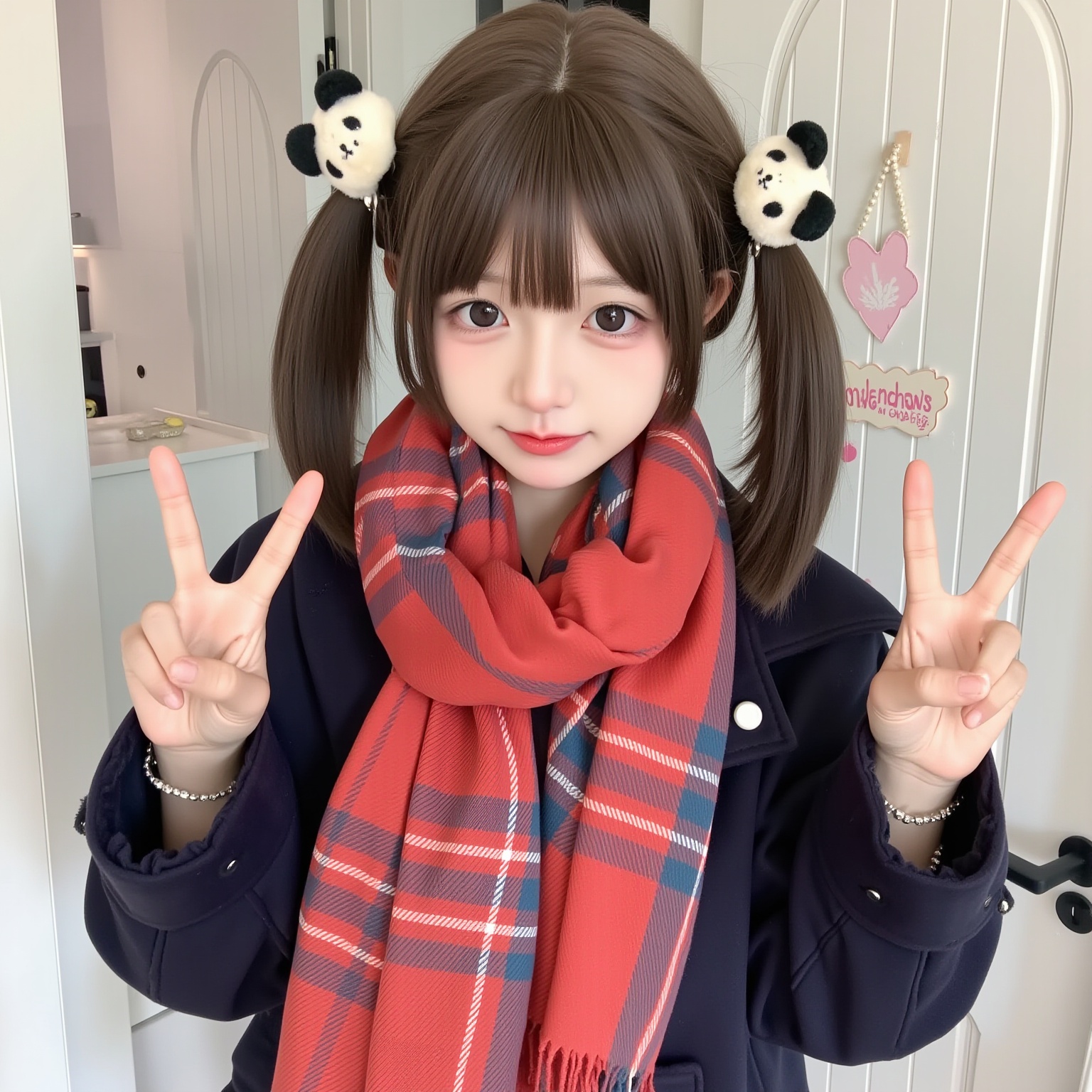 1girl,This is a photograph of a young Asian woman with a fair complexion, standing indoors in a well-lit room. She has a delicate, youthful appearance with large, expressive brown eyes and a small, heart-shaped face. Her straight, shoulder-length brown hair is styled in two pigtails, adorned with small, fluffy panda-themed hair clips. She is wearing a navy blue coat with a black zipper, and a vibrant red plaid scarf wrapped around her neck, adding a splash of color to her outfit. Her makeup is subtle, with a light pink lipstick and minimal eye makeup. She is making a peace sign with both hands, one hand on each side of her face, which adds a playful, cheerful vibe to the image. The background features a white door with a decorative heart-shaped cutout and a window with sheer curtains, adding a soft, pastel hue to the scene. The overall aesthetic of the photograph is bright and youthful, with a focus on the subject's expressive, innocent demeanor. <lora:萌妹FLUX-14:0.6>