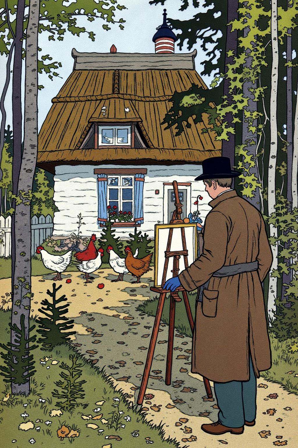 ivanbilibin1 illustration. hansandersenbrendekilde1. A man in a long brown coat and black hat stands on a leaf-covered pat...