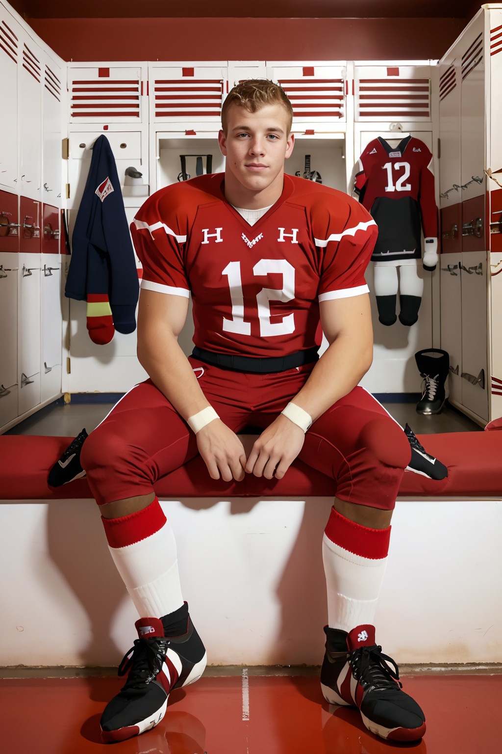 locker room,  sitting on a bench,  in front of lockers on Tensor.Art