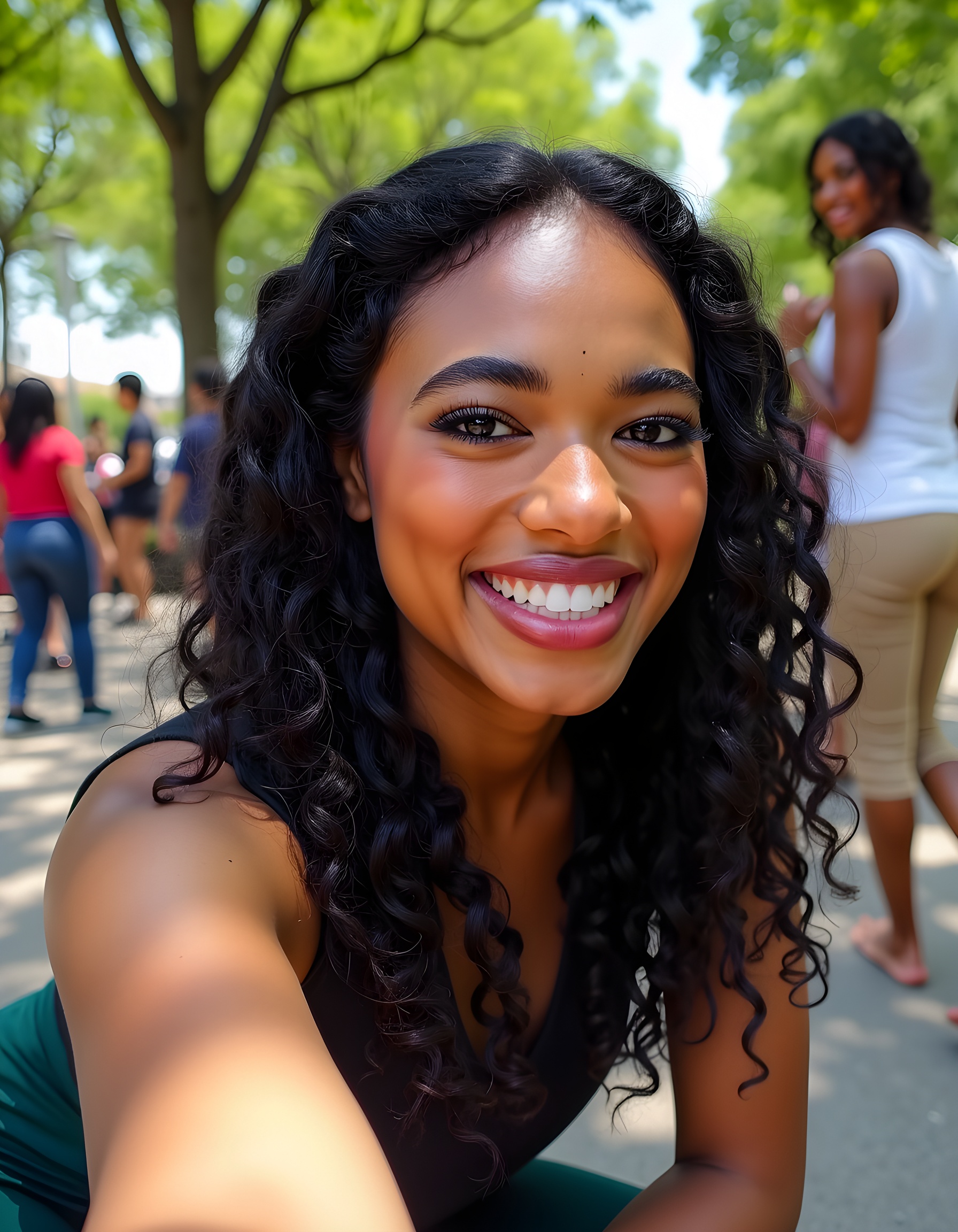 In a vibrant,  midday sunlit park,  the camera captures a radiant dark-skinned woman named Chandler from an intimate on Te...