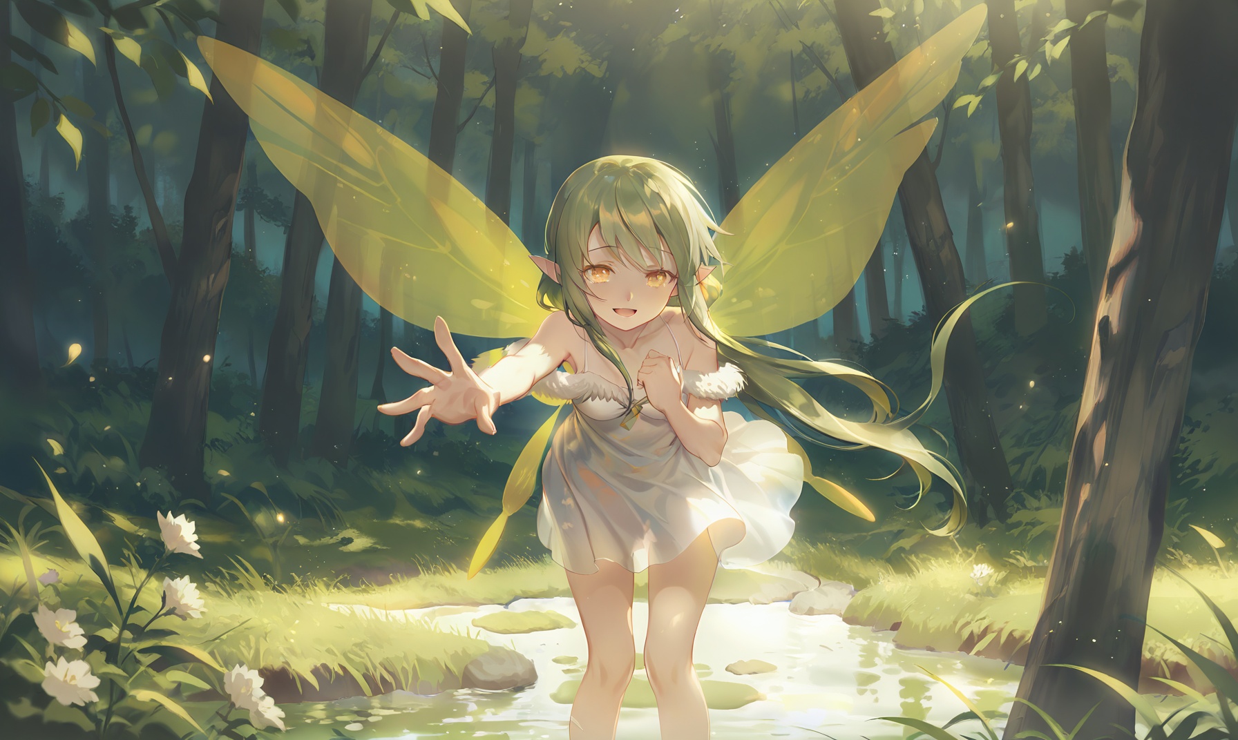 A girl with elf ears, green long hair, single ponytail, golden eyes, medium chest, wind, flowing long hair (white dress, short skirt, exposed shoulders, side opening, white underwear), transparent cat light spot, first person, leaning forward, reaching out hand, invitation, happy expression, close-up, backlit, forest, open view, distant lake, fairy, wings, cat, fur arms, best quality, amazing quality, very aesthetic, absurdres, best quality,amazing quality,very aesthetic,absurdres,masterpiece,