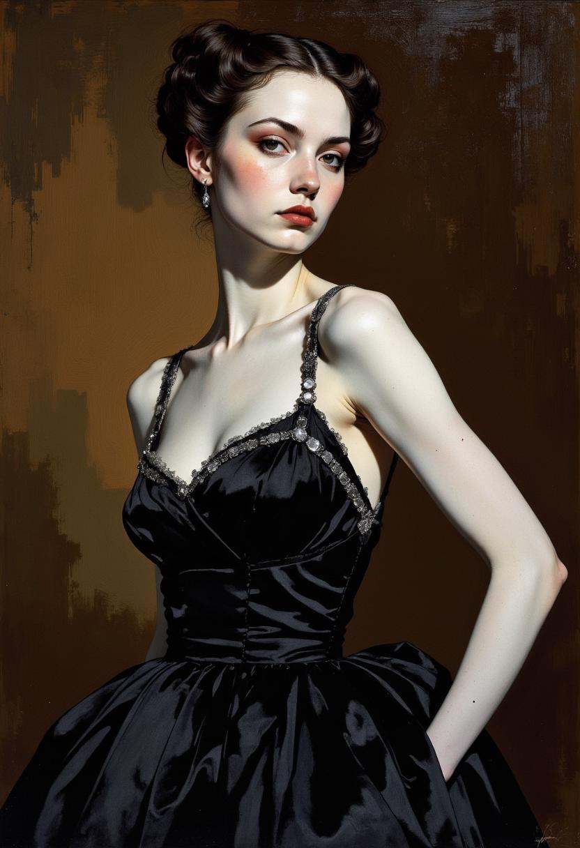 portrait of a Socialite posing in a black satin dress with jeweled straps,  Grand manner style. There is assertiveness and...