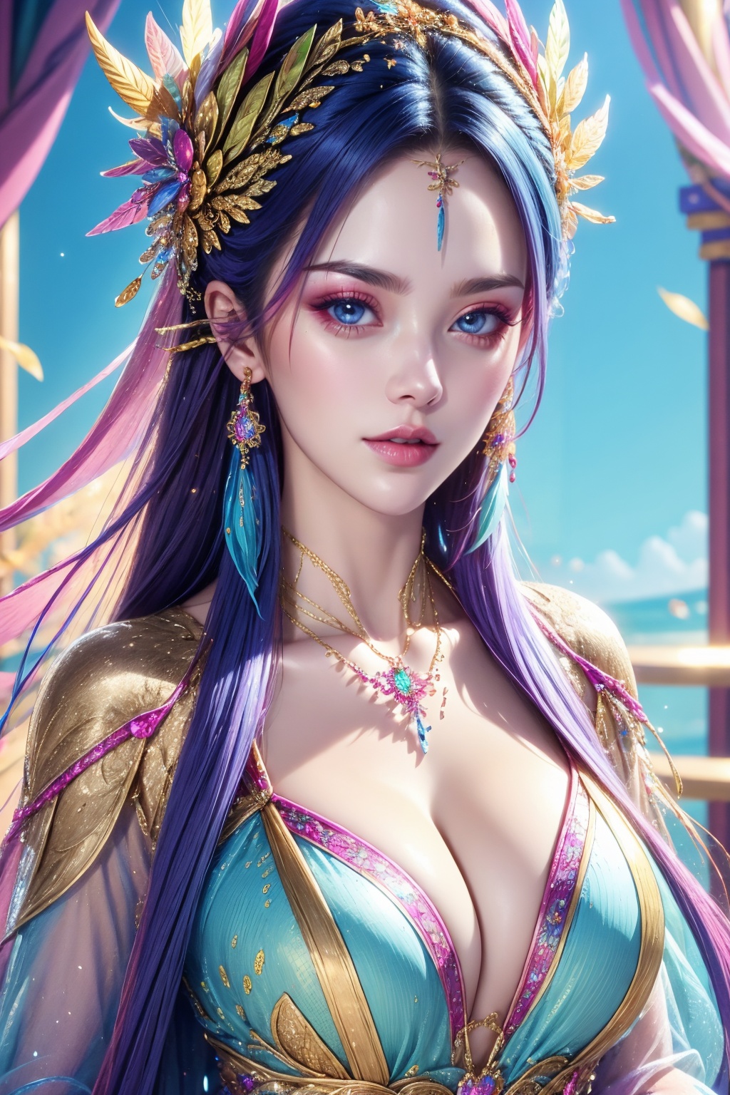 extremely detailed, 1girl, solo, long hair, jewelry, hair ornament, necklace, breasts, cleavage, original, dress, looking at viewer, feathers, pale skin, 