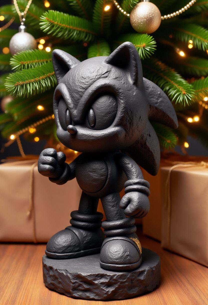 The image is a photograph of a simplistic coal statue of Sonic the Hedgehog,  sitting under a Christmas tree. on Tensor.Art