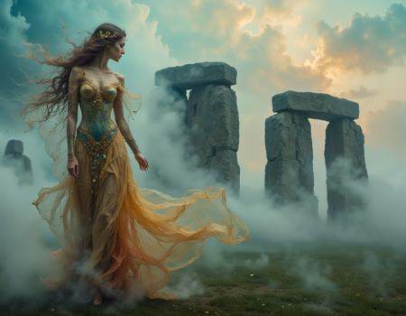 An sexy busty happy celtic female druid wearing a dress made out of transluscent mist and fog,  standing beside stonehenge...