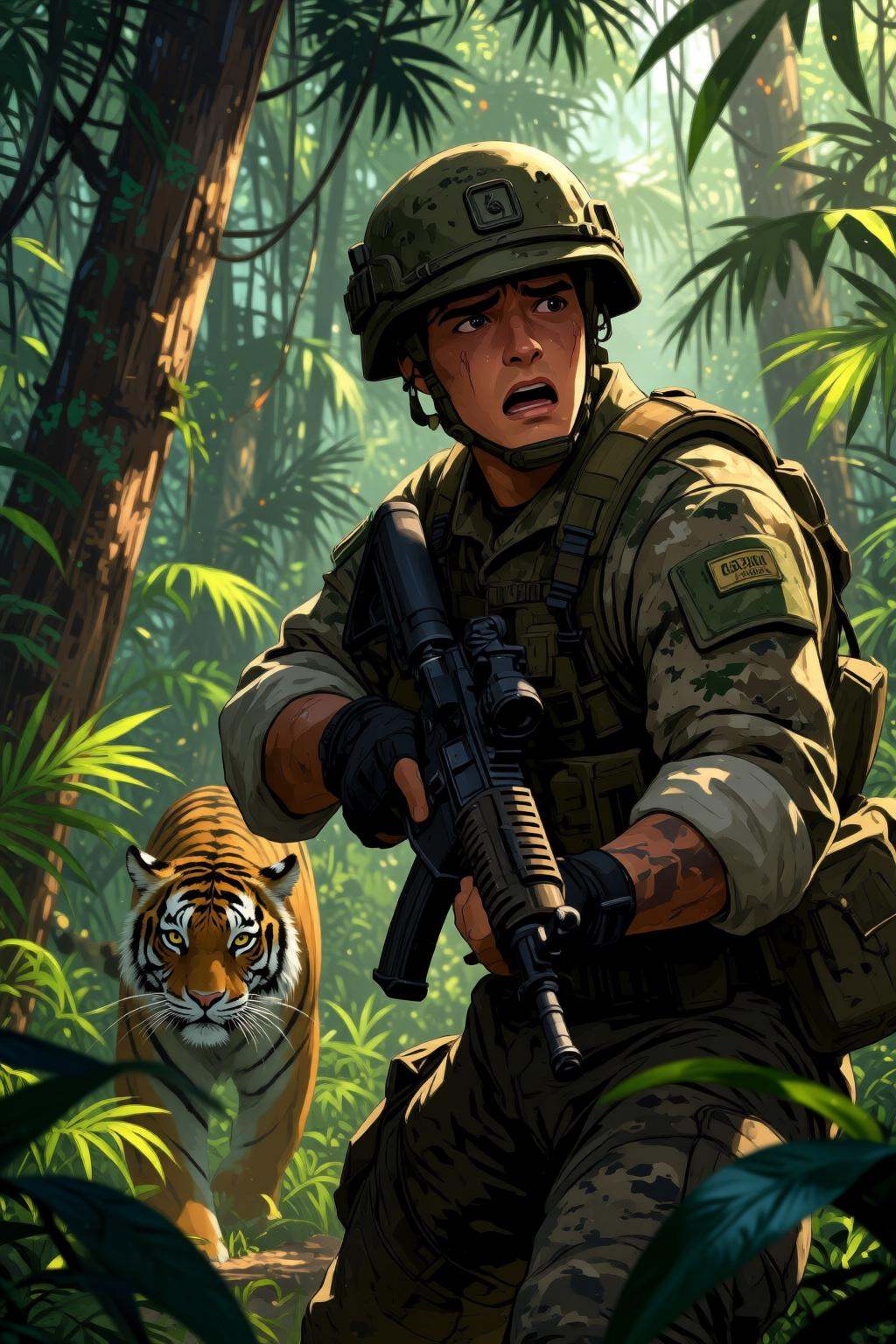 nijimix6q anime style digital illustration.Create a tense jungle scene set in Vietnam,  featuring a dense,  lush environme...