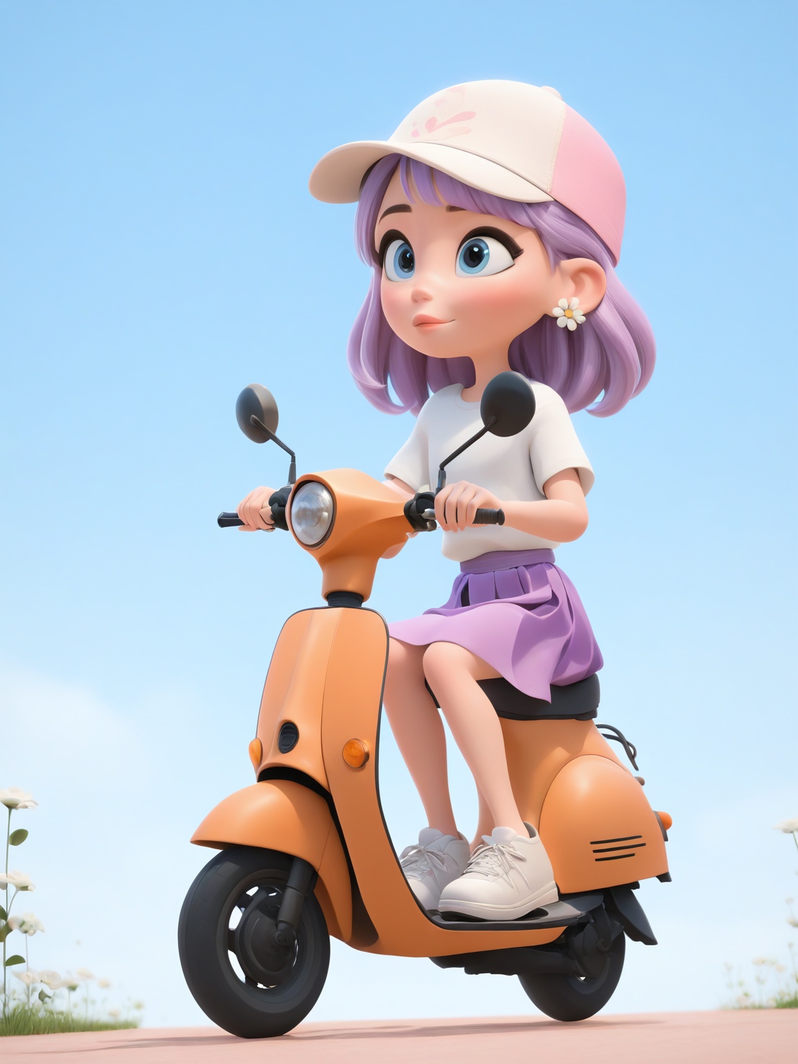 3D,  Cartoon,  A 3D rendering of a young girl riding a scooter. The girl is wearing a white baseball cap on her head on Te...