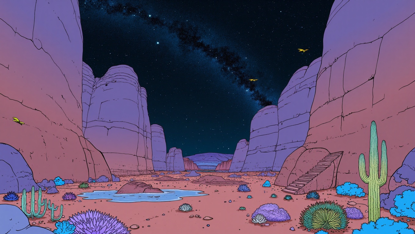 A wide,  horizontal 16:9 scene unfolds in a vast,  arid canyon on a moonless summer night. Towering sandstone cliffs arch...