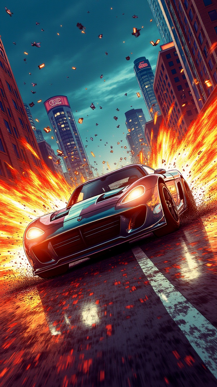 digital art,  a vibrant digital artwork depicts a scene filled with chaos and destruction. In the center of it all,  a gra...