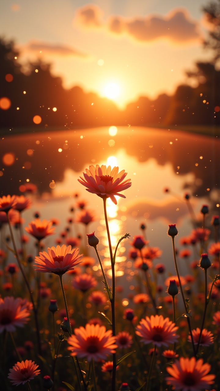 As the sun sets over a tranquil lake,  the scent of blooming flowers fills the air. A radiant breeze carries the fragrance...