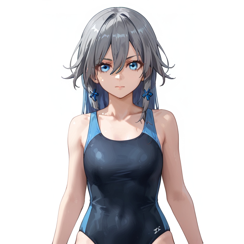 (white background:1.2),looking at viewer,(SOLO:1.4),outline,simple background,upper body, cowboy shot,looking at viewer,(((arms at side))),    fu hua,long hair,bangs,blue eyes,grey hair,blue hair,hair ornament,hair between eyes,low-tied long hair,collarbone,sleeveless,school swimsuit,one-piece swimsuit,black swimsuit,barefoot,bare shoulders,bare arms,<lora:sks-pony:0.8>