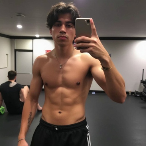 1boy,  shirtless photo taken by friend of Mattia at gym on Tensor.Art