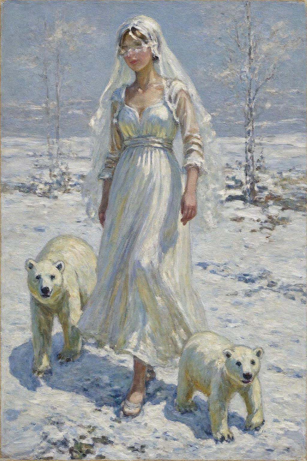 dorotheasharp1 painting. A Snow Queen with an ethereal appearance. She is dressed in a flowing,  long white gown that seem...