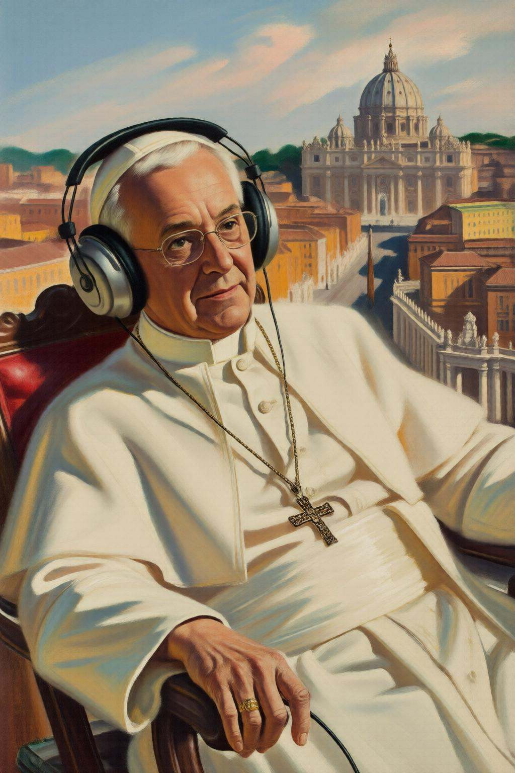 walterbaumhofer2q illustration. Pope Francis,  wearing oversized headphones,  lounges owith an air of cool detachment. His...