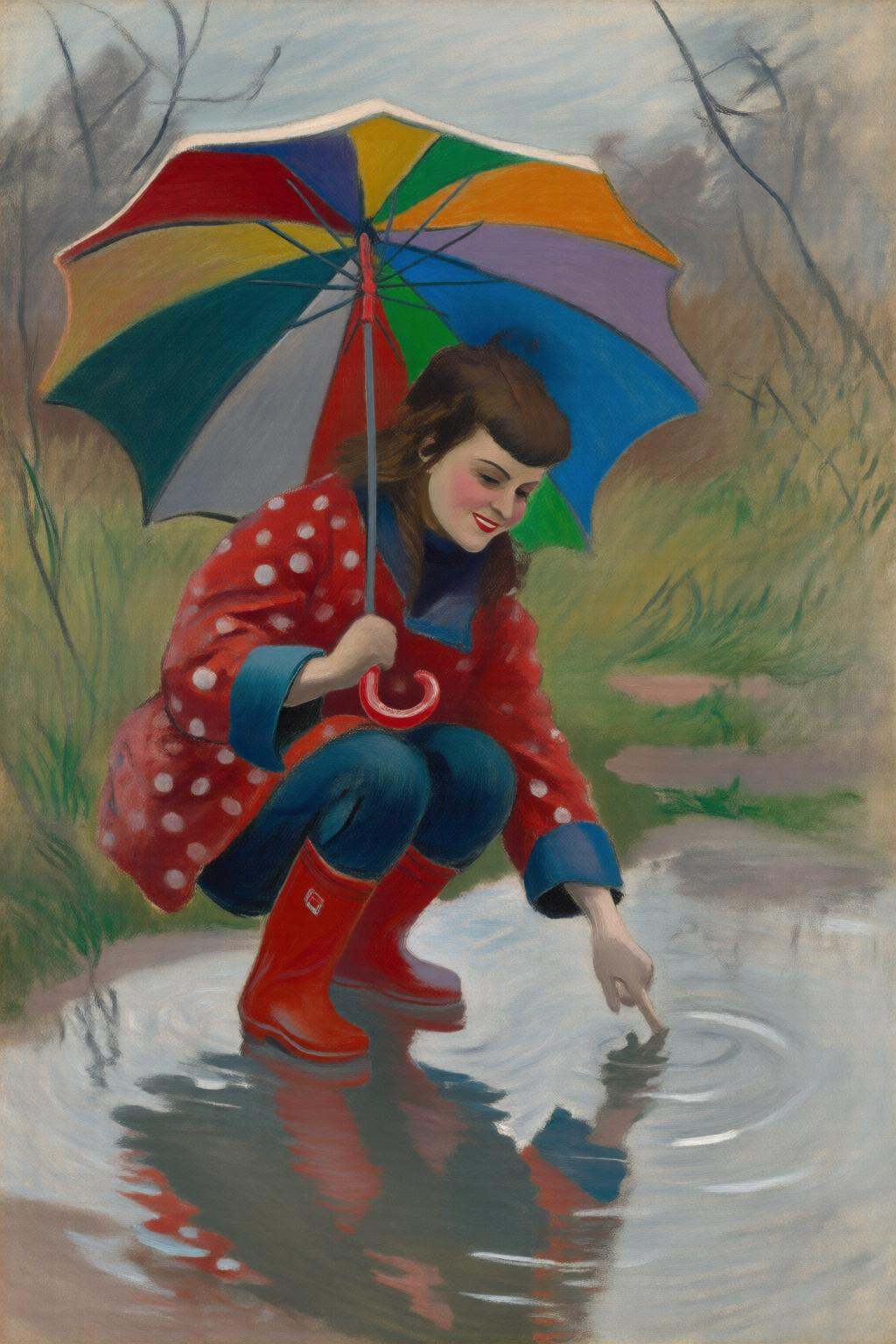 claudemonet2q painting.A young woman,  angled from slightly above and to the right,  crouching low to the ground in a pudd...