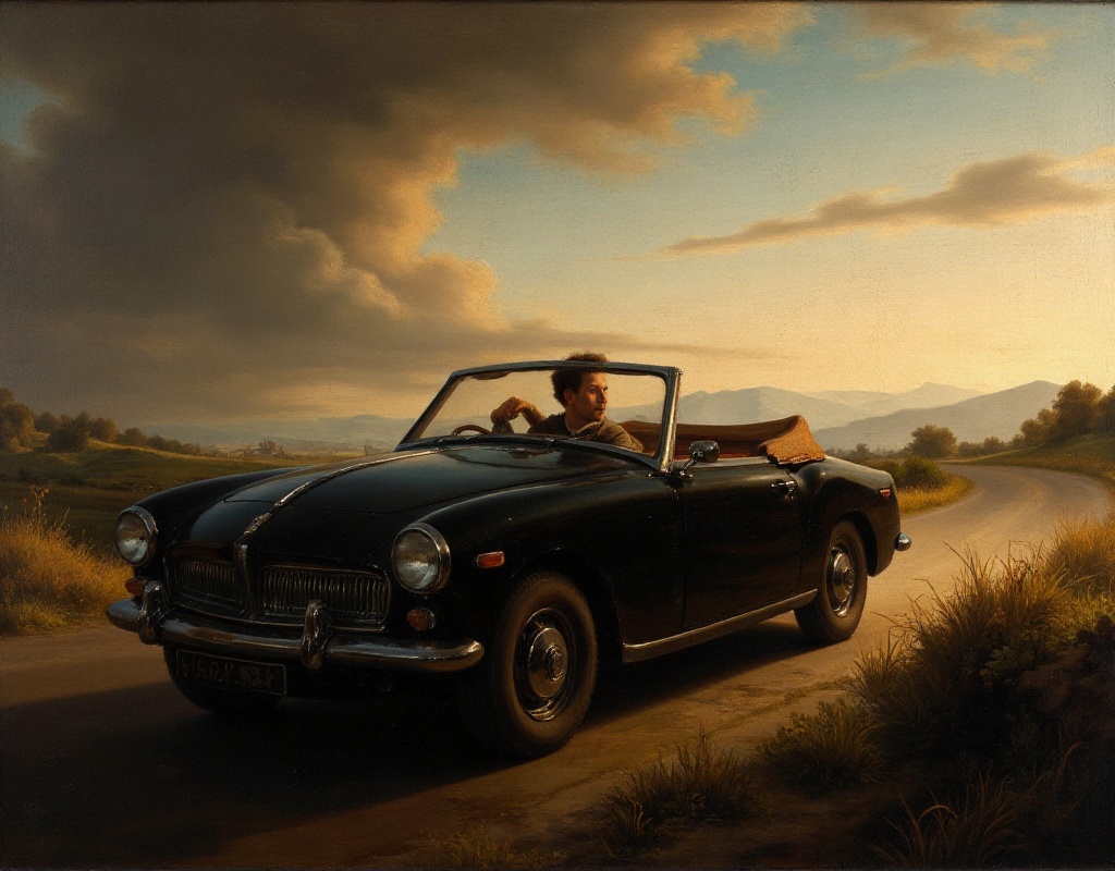rembrandt style,  painting. a man driving a convertible on Tensor.Art