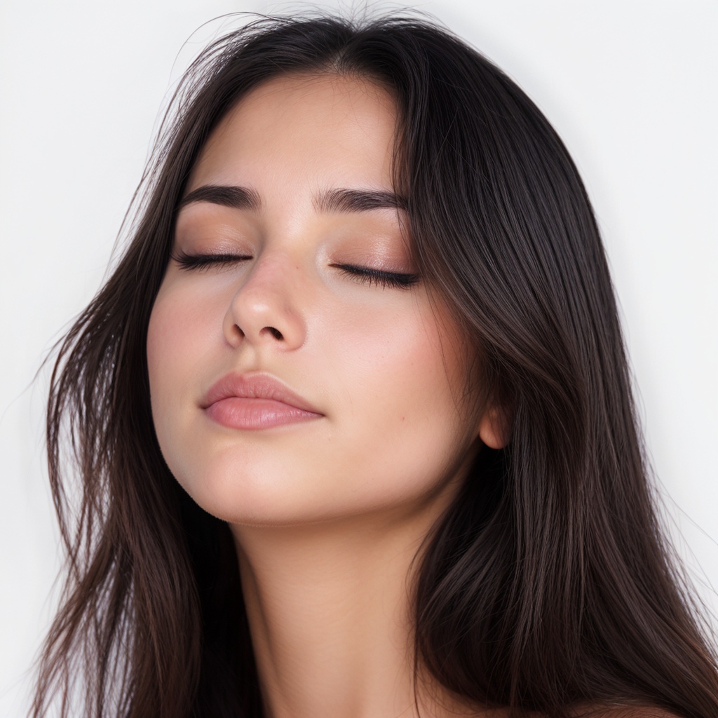 Realistic photo of a beautiful girl with her eyes closed and her mouth fully closed,  long dark hair,  photorealistic on T...