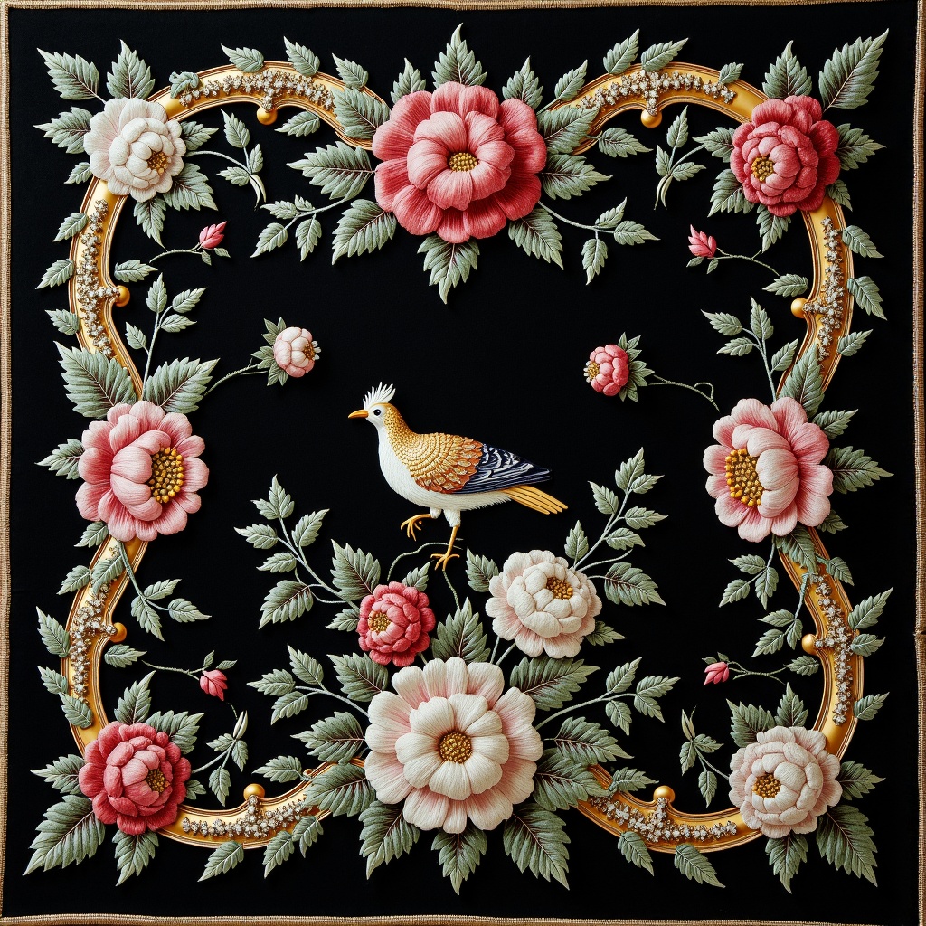 embroidery,there is a picture of a bird and flowers on a black background,floral embroidery,victorian textiles,embroidered brocade,fabric embroidery,luxury journal cover,baroque cloth,highly detailed pattern,panel of black,8k fabric texture details,flowers. baroque elements,baroque wallpaper,intricate dark background,flower motif,ornate background,fine foliage lace,black rococo,ornate decorative background,inside stylized border,1 8 th century spring ornaments,decorative border,beaded embroidery,baroque frame border,background **** of big curtains,detailed lacework,directoire style,very detailed black feathers,filigree border,jewel embellishment,extremely intricate high detail,chinoiserie pattern,richly detailed colored,ornamental edges,