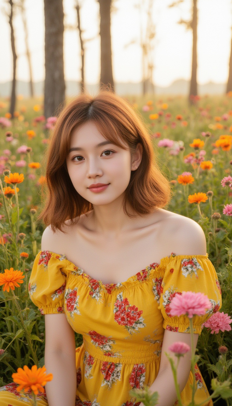 A young woman with fair skin and shoulder-length,  wavy auburn hair sits in a field of blooming orange and pink flowers. S...