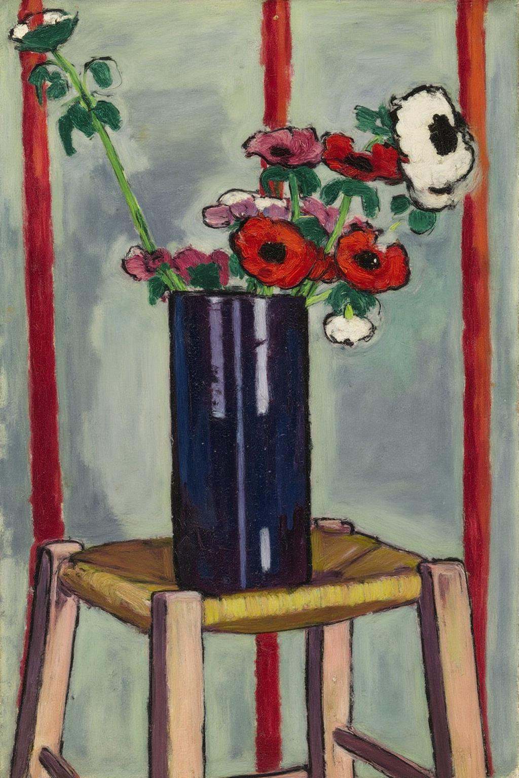 henrylymansayen1 painting.A bouquet of flowers in a tall,  dark blue vase. The flowers include red,  pink on Tensor.Art