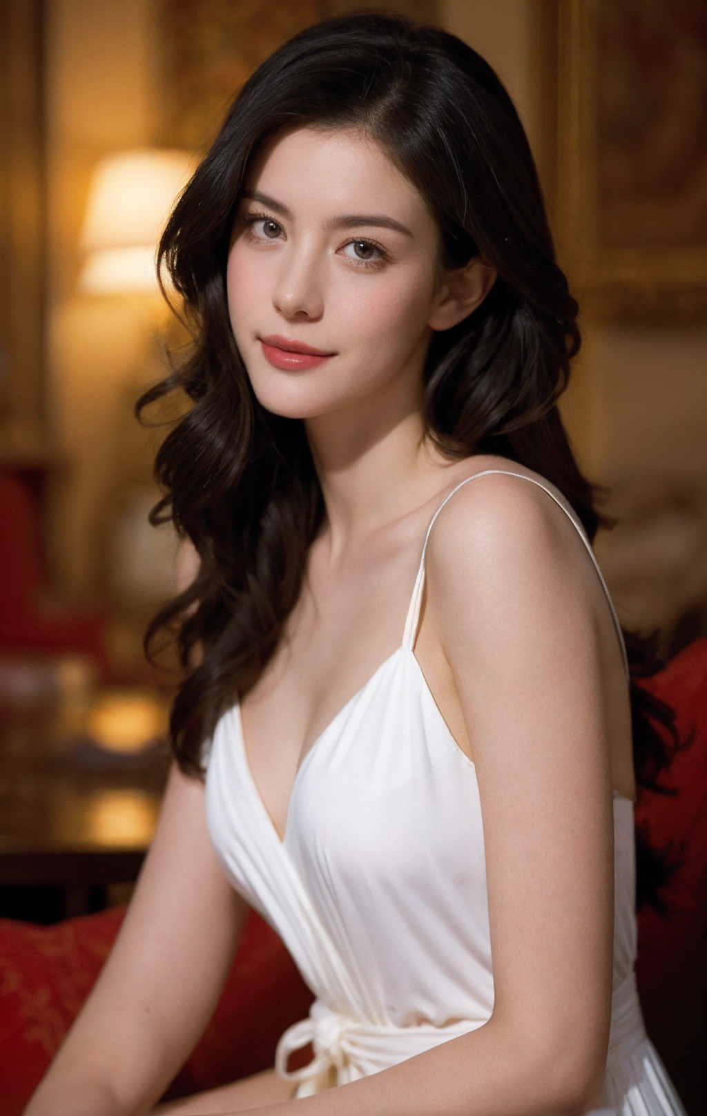 A girl, black hair, high resolution, very high resolution, increased detail, sharpness enhancement, detail enhancement, upper body,dress,Long hair,bright eyes, sitting, sidelight, ambient light, movie light and shadow,