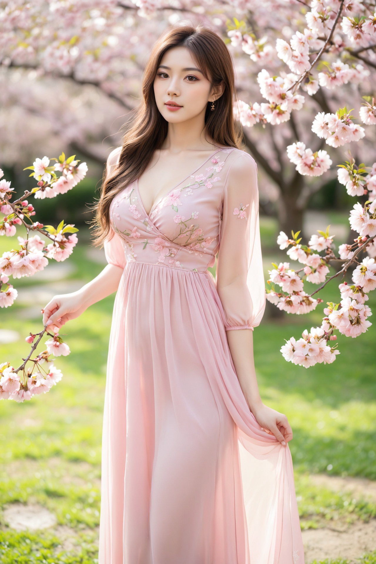 1girl,  long brown hair,  pink dress on Tensor.Art