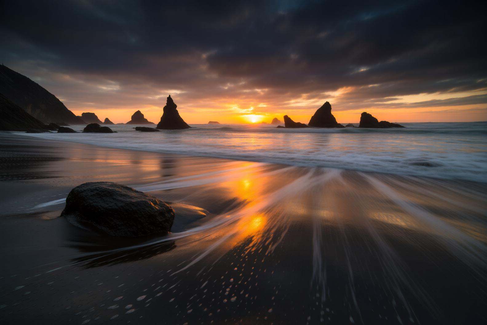 aurelmanea2q photography.A beach scene at sunset. The foreground features a smooth,  wet sand surface with gentle waves la...