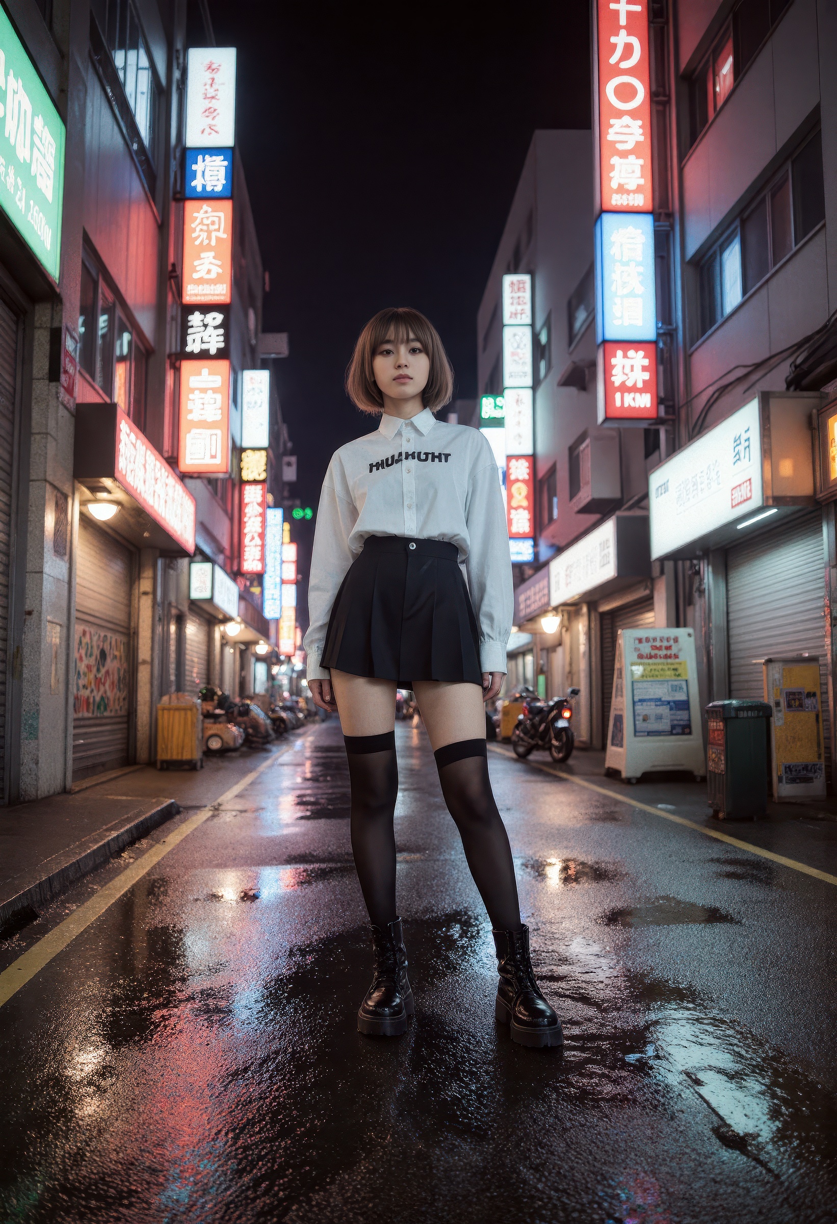 Ultra-detailed,  hyperrealistic RAW night portrait of a young Japanese woman standing under glowing neon signs,  dressed i...