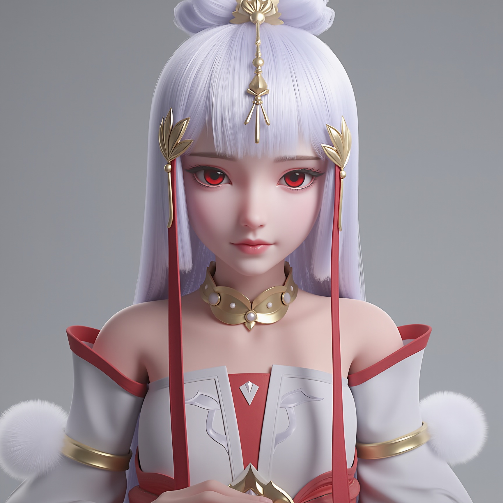 Photograph,young woman,white hair,red eyes,intricate headdress with golden accents, white and red robes,looking at viewer,<lora:太阴玉兔0.5:0.8>